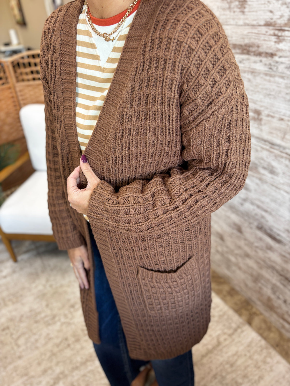 Brown Waffle Knit Open Front Long Cardigan