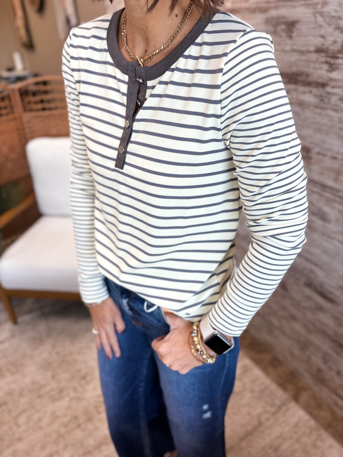 Ivory/Charcoal Button Henley Long Sleeve Shirt
