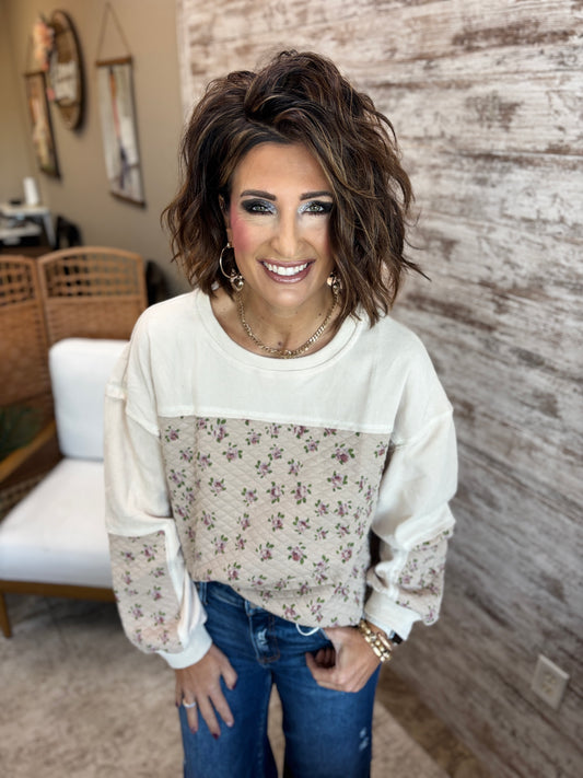Cream Ditsy Floral Quilted Pullover