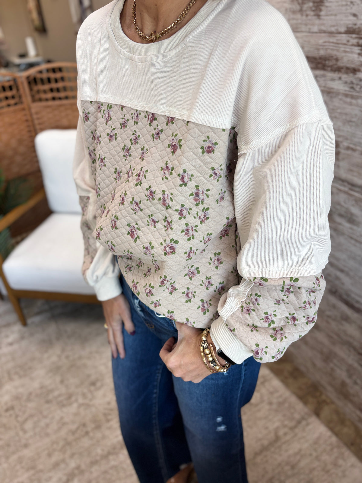 Cream Ditsy Floral Quilted Pullover