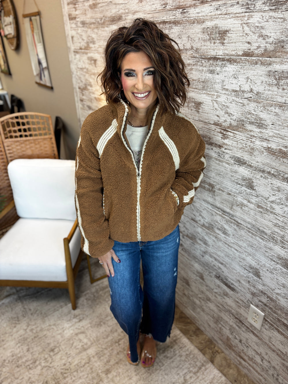 Brown/Cream Crochet Trim Fleece Jacket