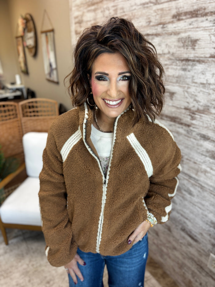 Brown/Cream Crochet Trim Fleece Jacket