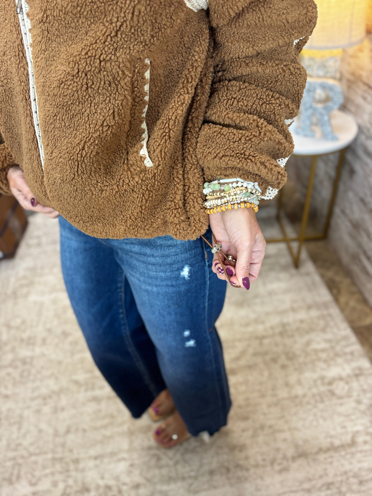 Brown/Cream Crochet Trim Fleece Jacket