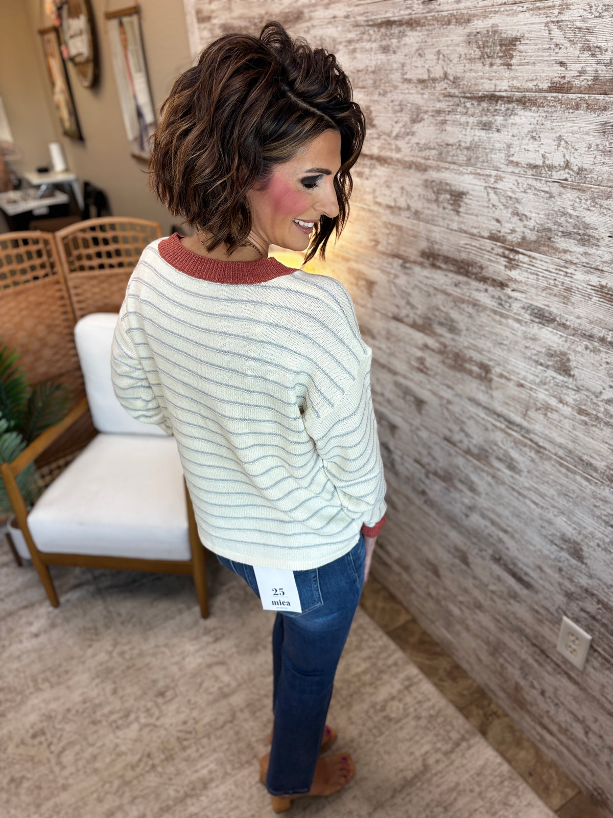 Rust Color Accent V Neck Sweater