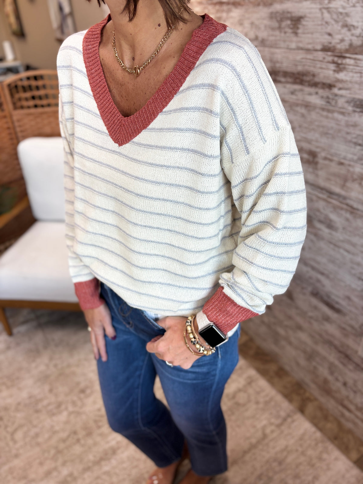 Rust Color Accent V Neck Sweater