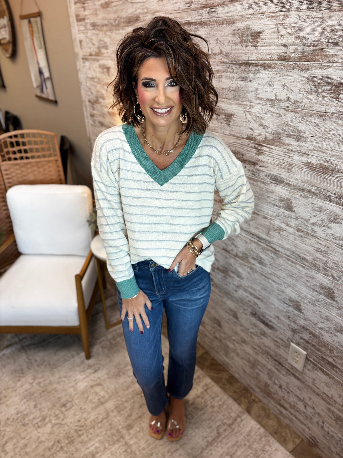 Jade Color Accent V Neck Sweater