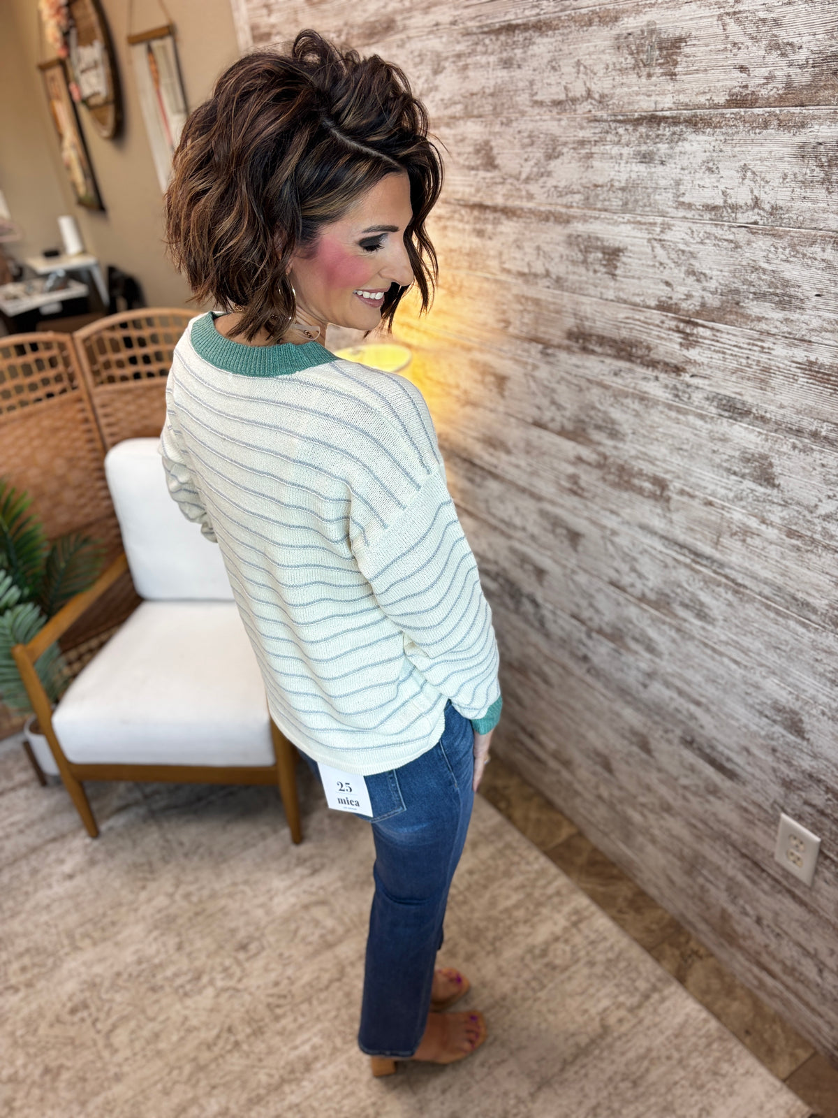 Jade Color Accent V Neck Sweater