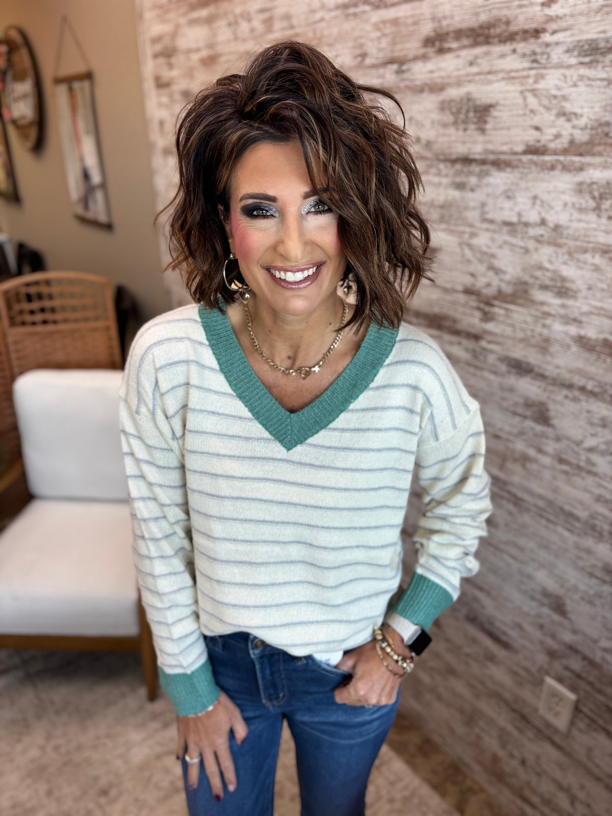 Jade Color Accent V Neck Sweater