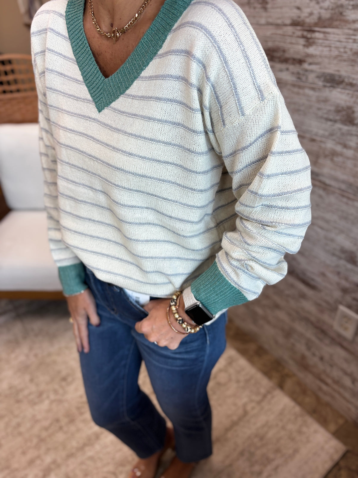 Jade Color Accent V Neck Sweater