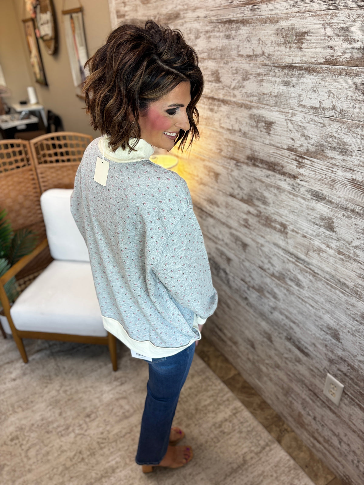 Grey Ditsy Floral Mock Neck Drop Shoulder Pullover