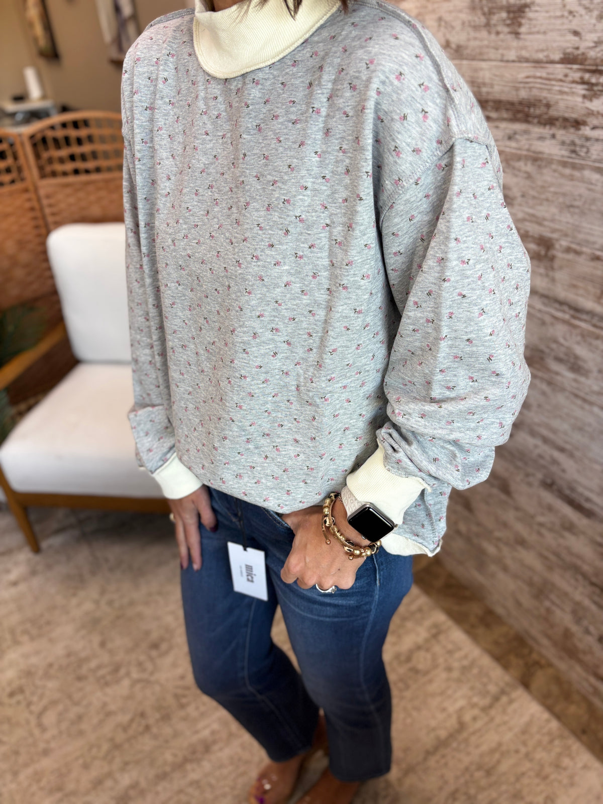 Grey Ditsy Floral Mock Neck Drop Shoulder Pullover