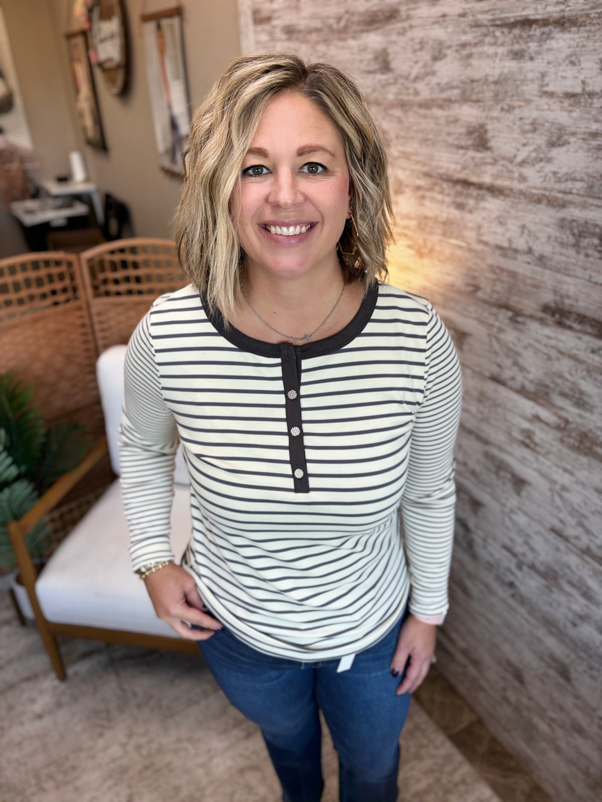 Ivory/Charcoal Button Henley Long Sleeve Shirt