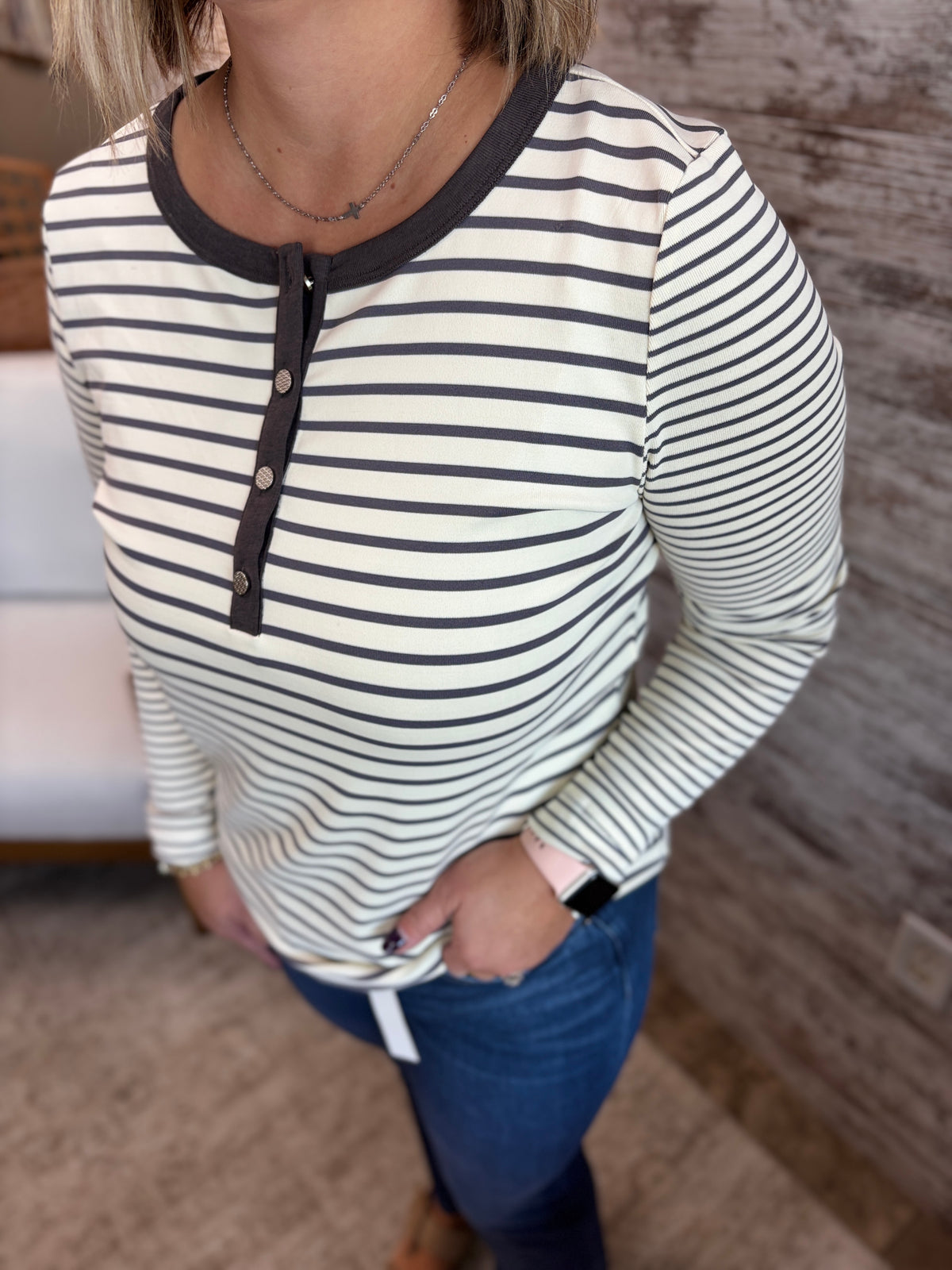 Ivory/Charcoal Button Henley Long Sleeve Shirt
