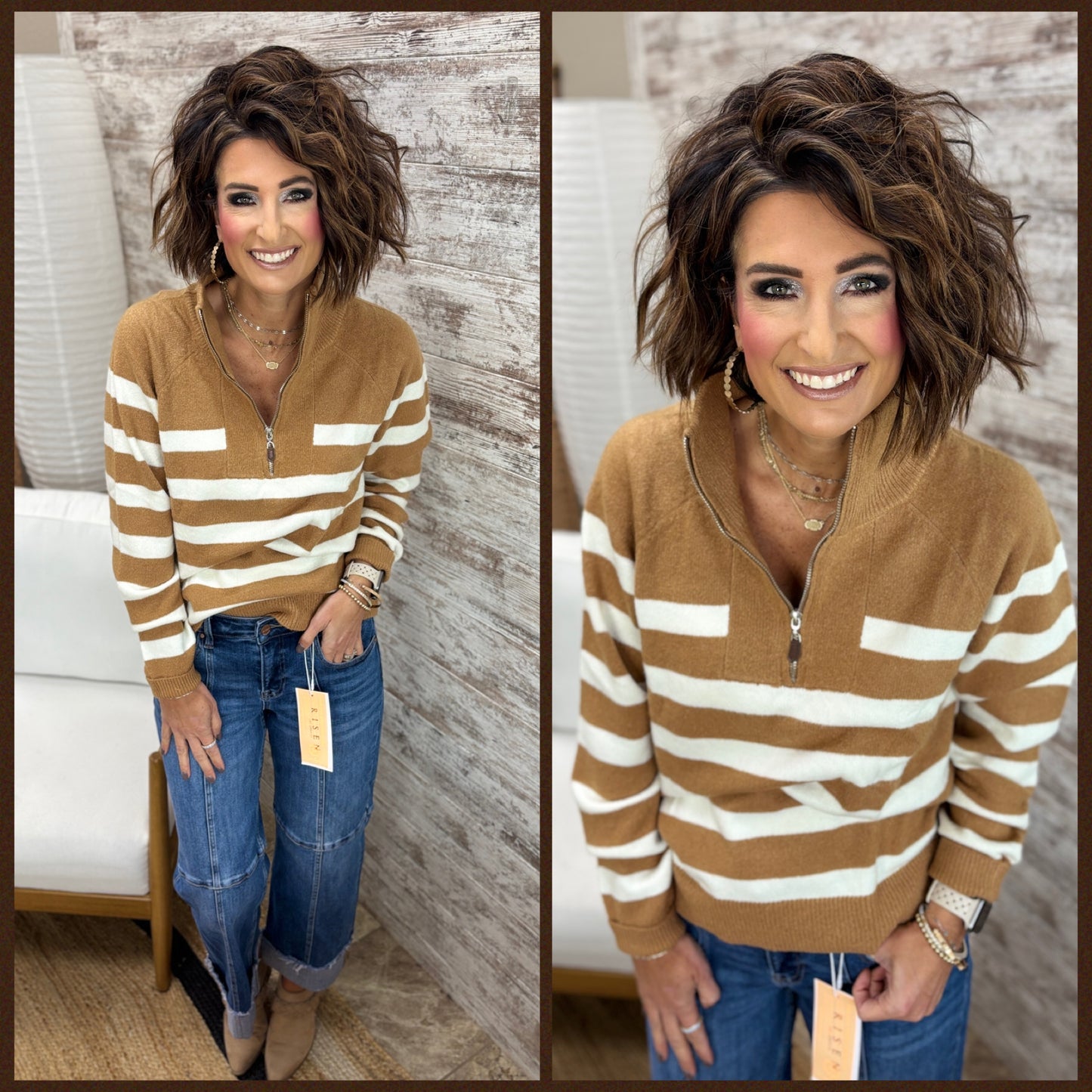 Latte Stripe Half Zip Sweater