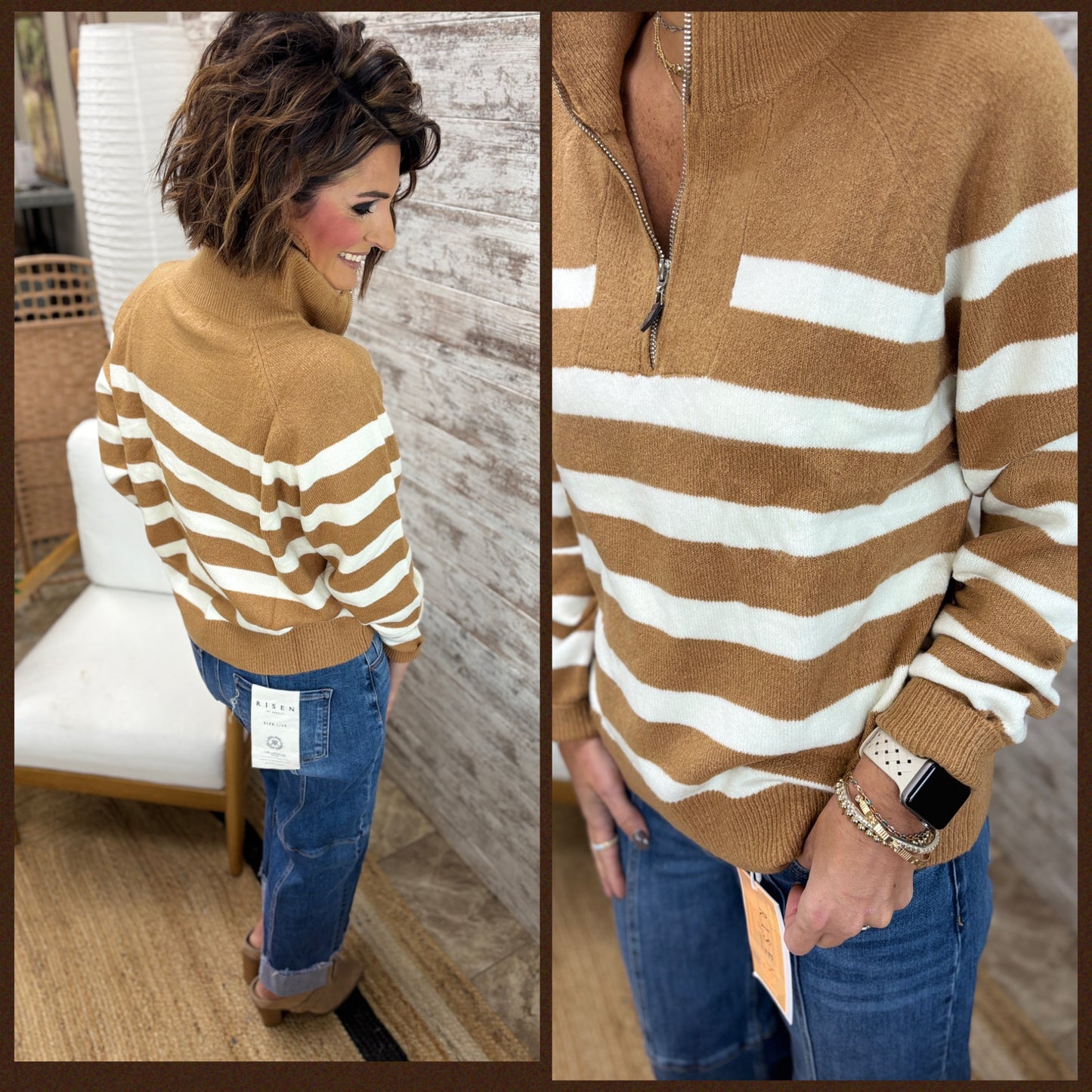 Latte Stripe Half Zip Sweater