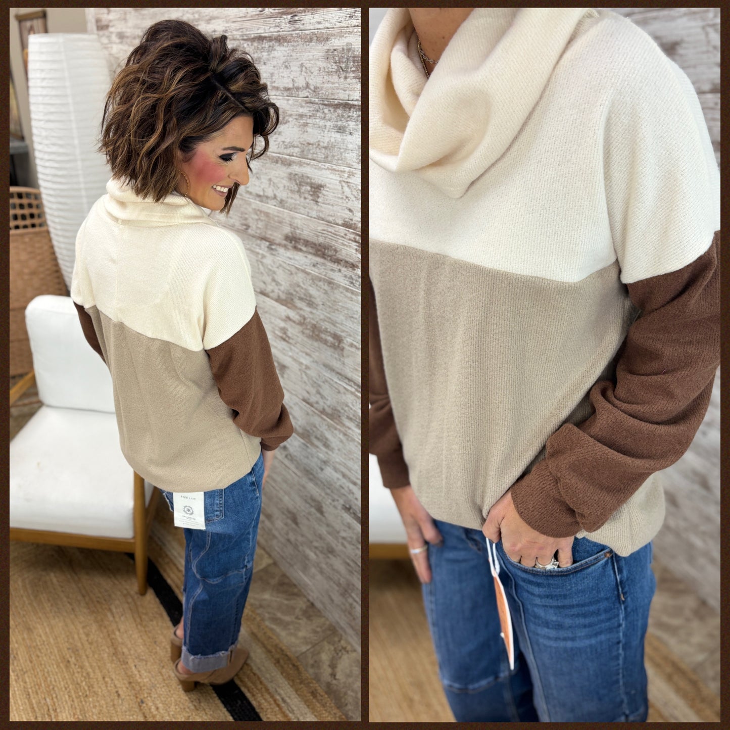Ivory/Taupe/Chocolate Cowl Neck Sweater