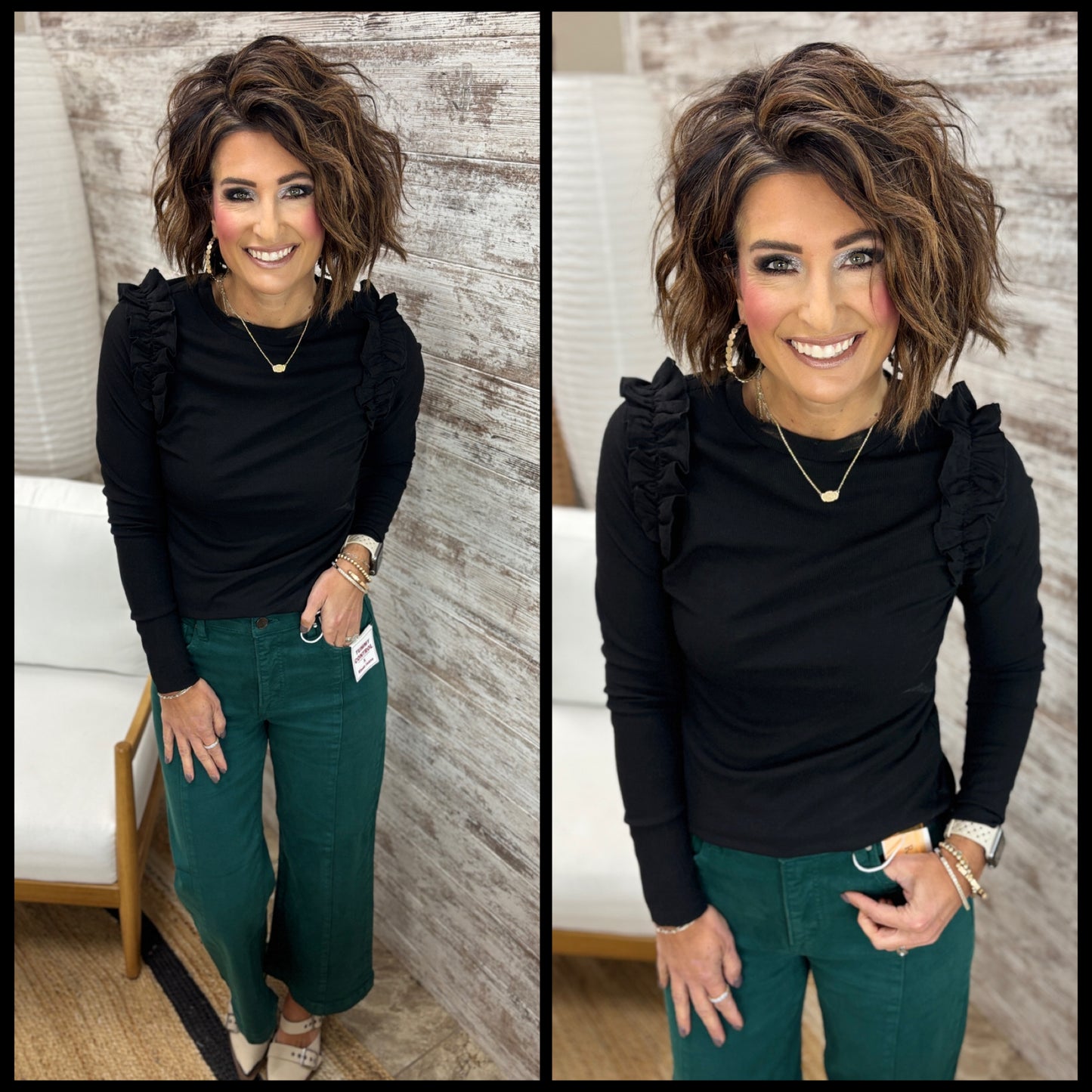 Black Ruffle Detail Long Sleeve