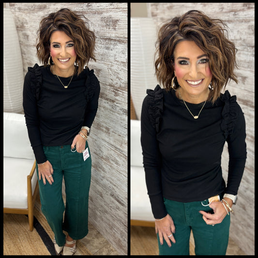 Black Ruffle Detail Long Sleeve