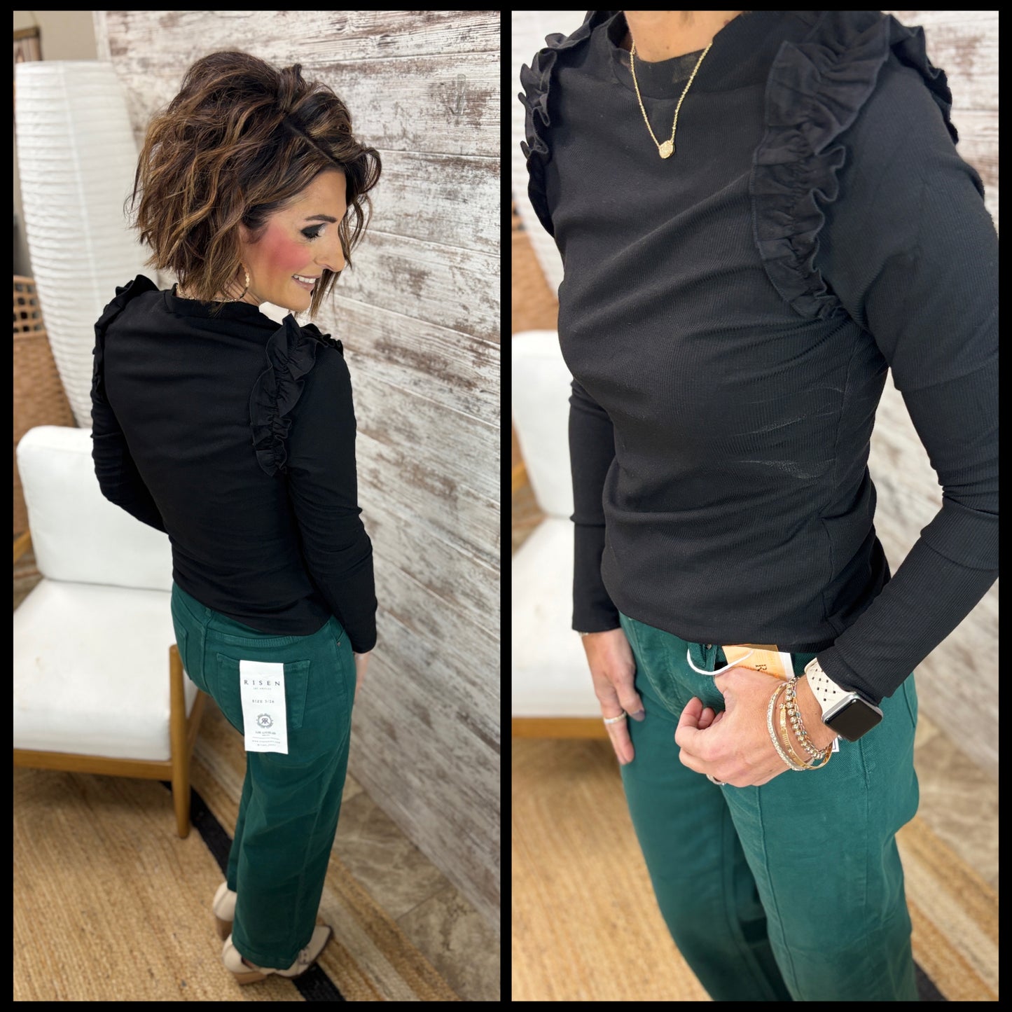 Black Ruffle Detail Long Sleeve