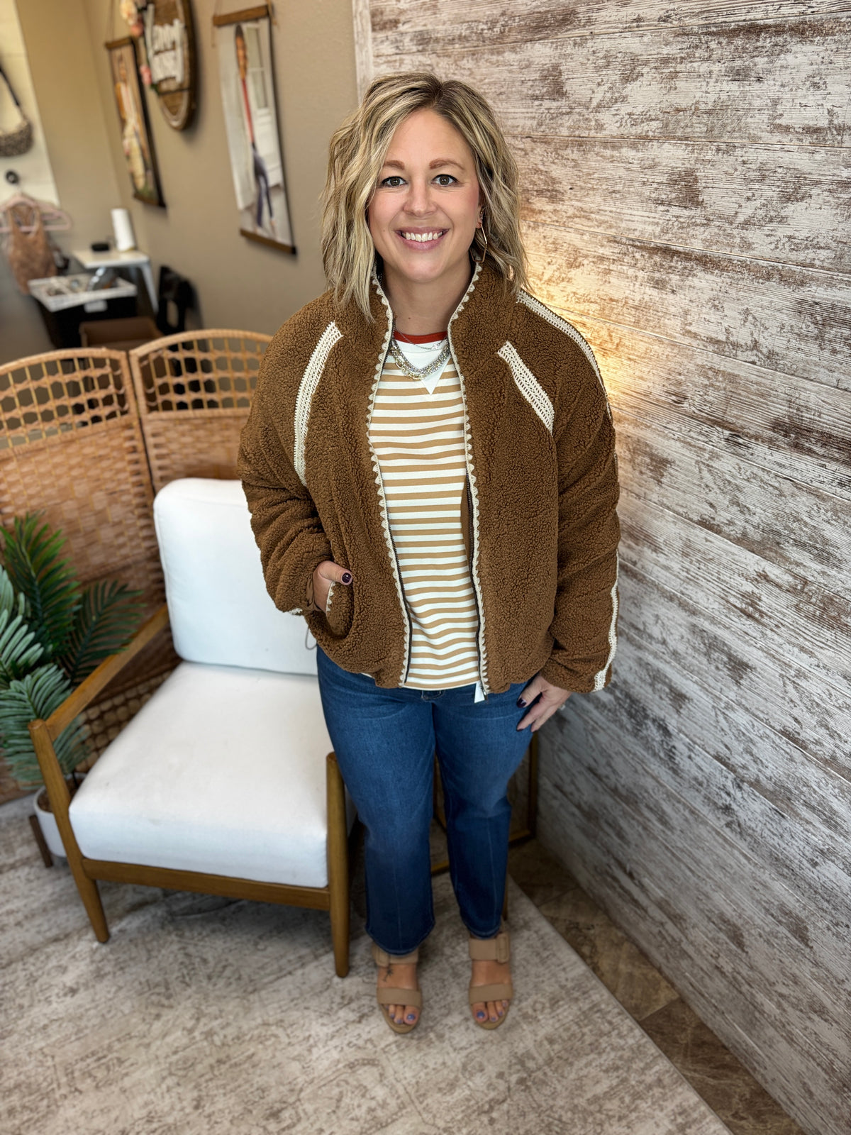 Brown/Cream Crochet Trim Fleece Jacket