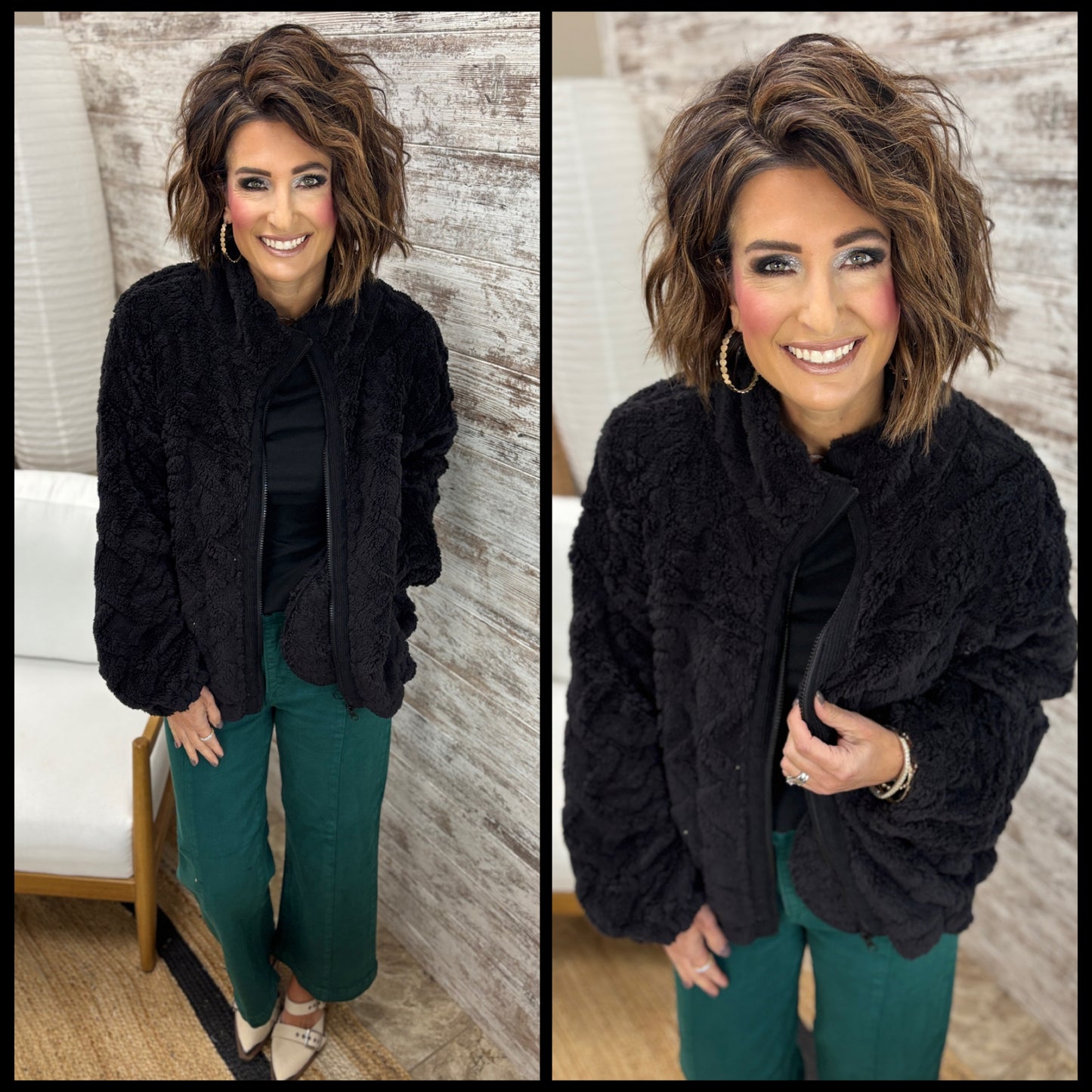 Black Fuzzy Cable Knit Zip Up Jacket
