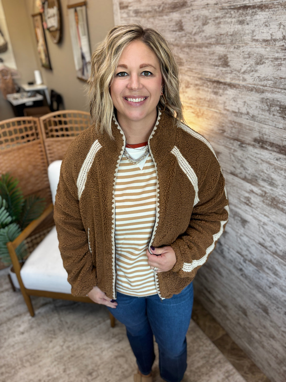 Brown/Cream Crochet Trim Fleece Jacket