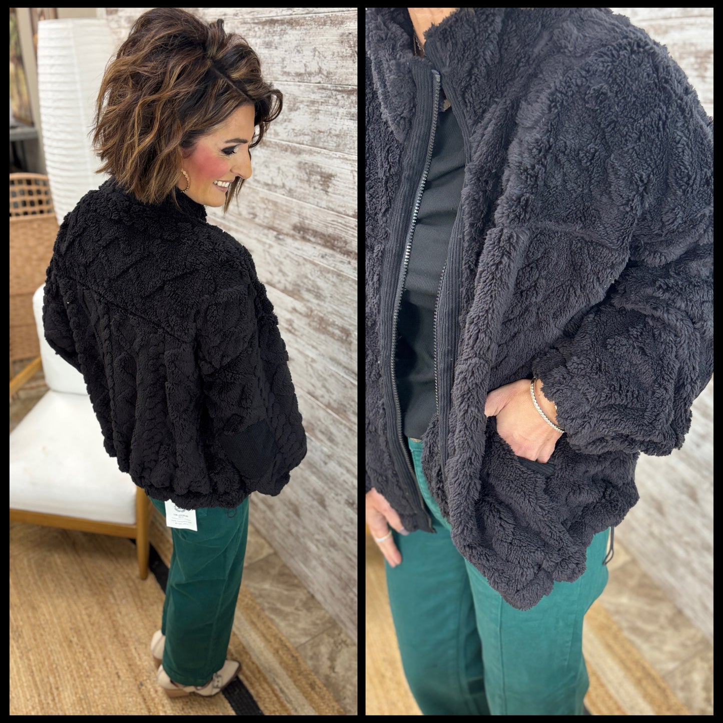 Black Fuzzy Cable Knit Zip Up Jacket