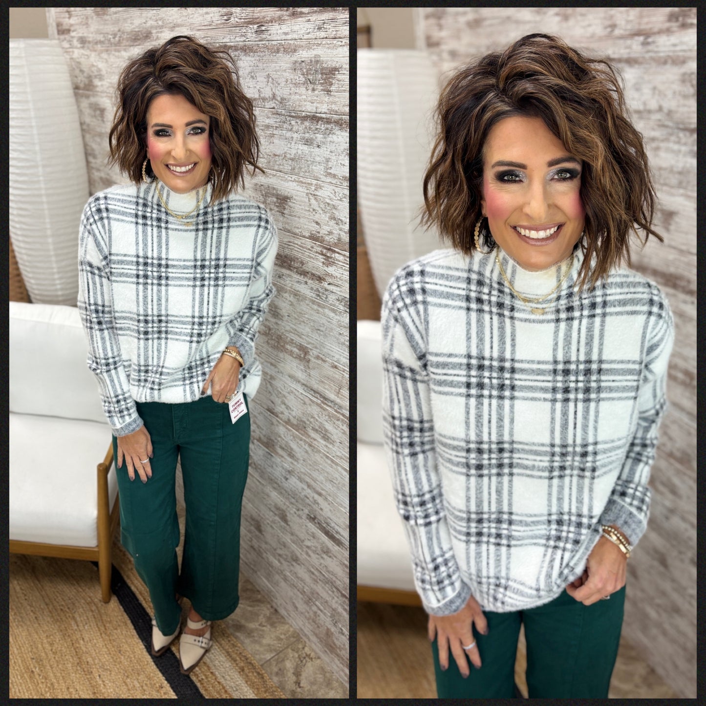 Off White Mock Neck Plaid Sweater