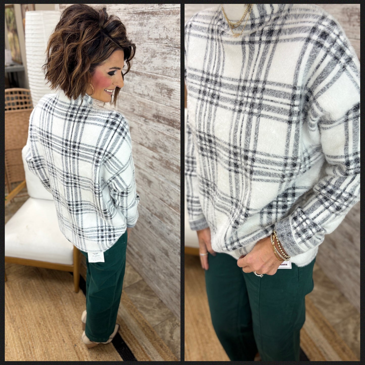 Off White Mock Neck Plaid Sweater