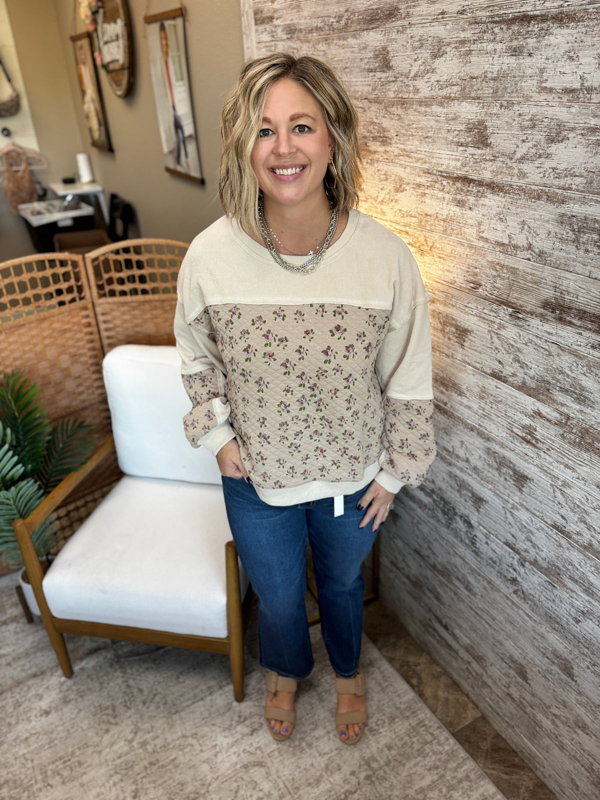 Cream Ditsy Floral Quilted Pullover