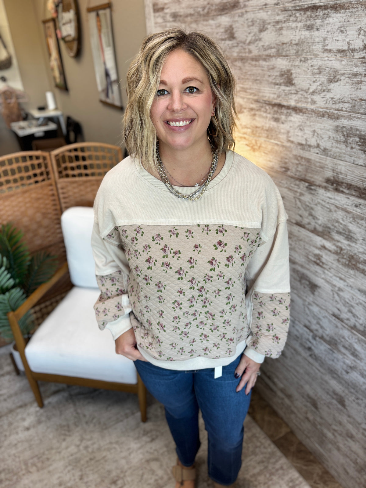 Cream Ditsy Floral Quilted Pullover