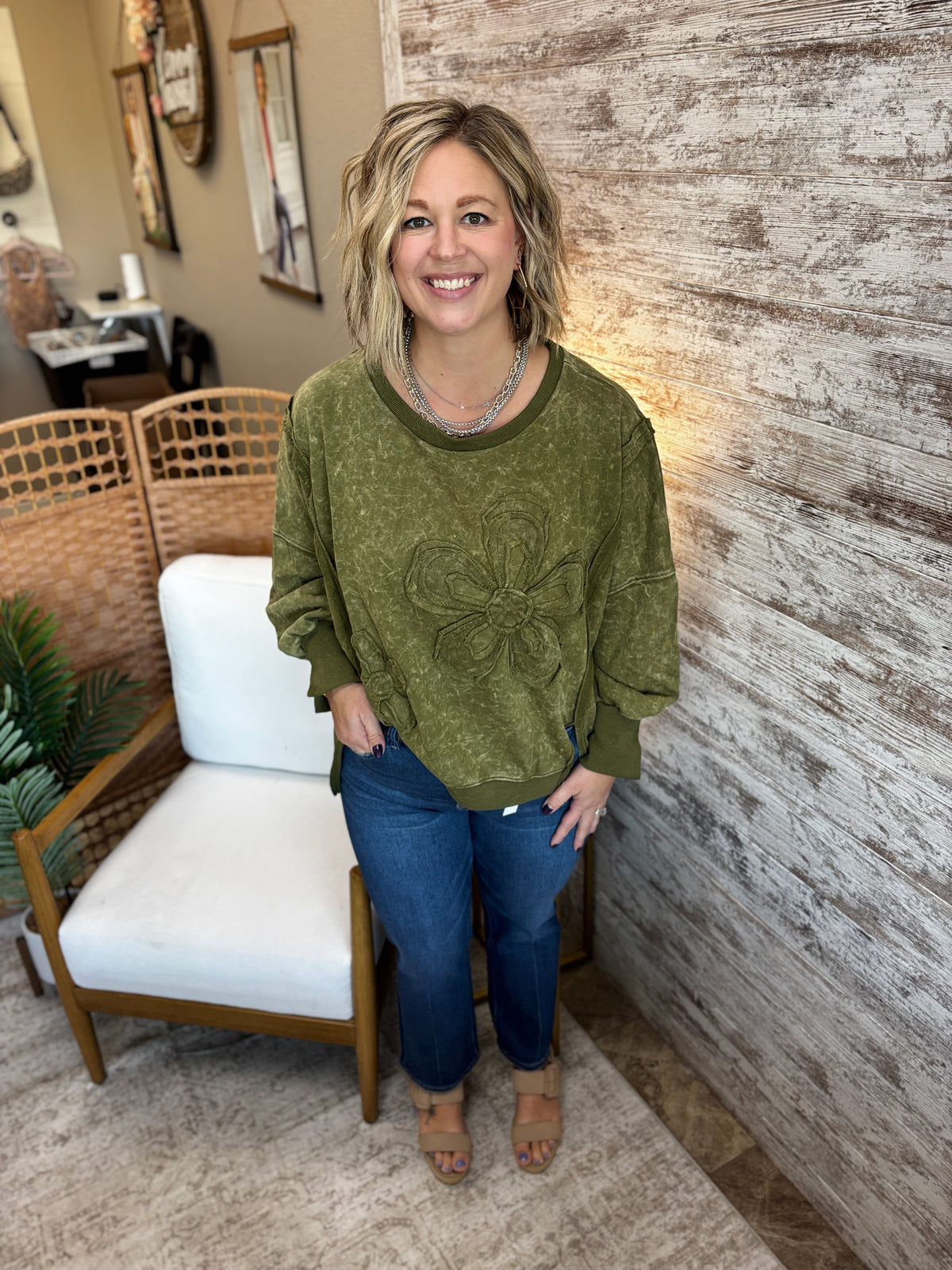 Olive Floral Applique Puff Sleeve Sweatshirt