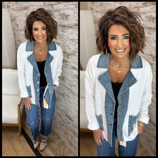 Denim and White Contrast Sweater Cardigan