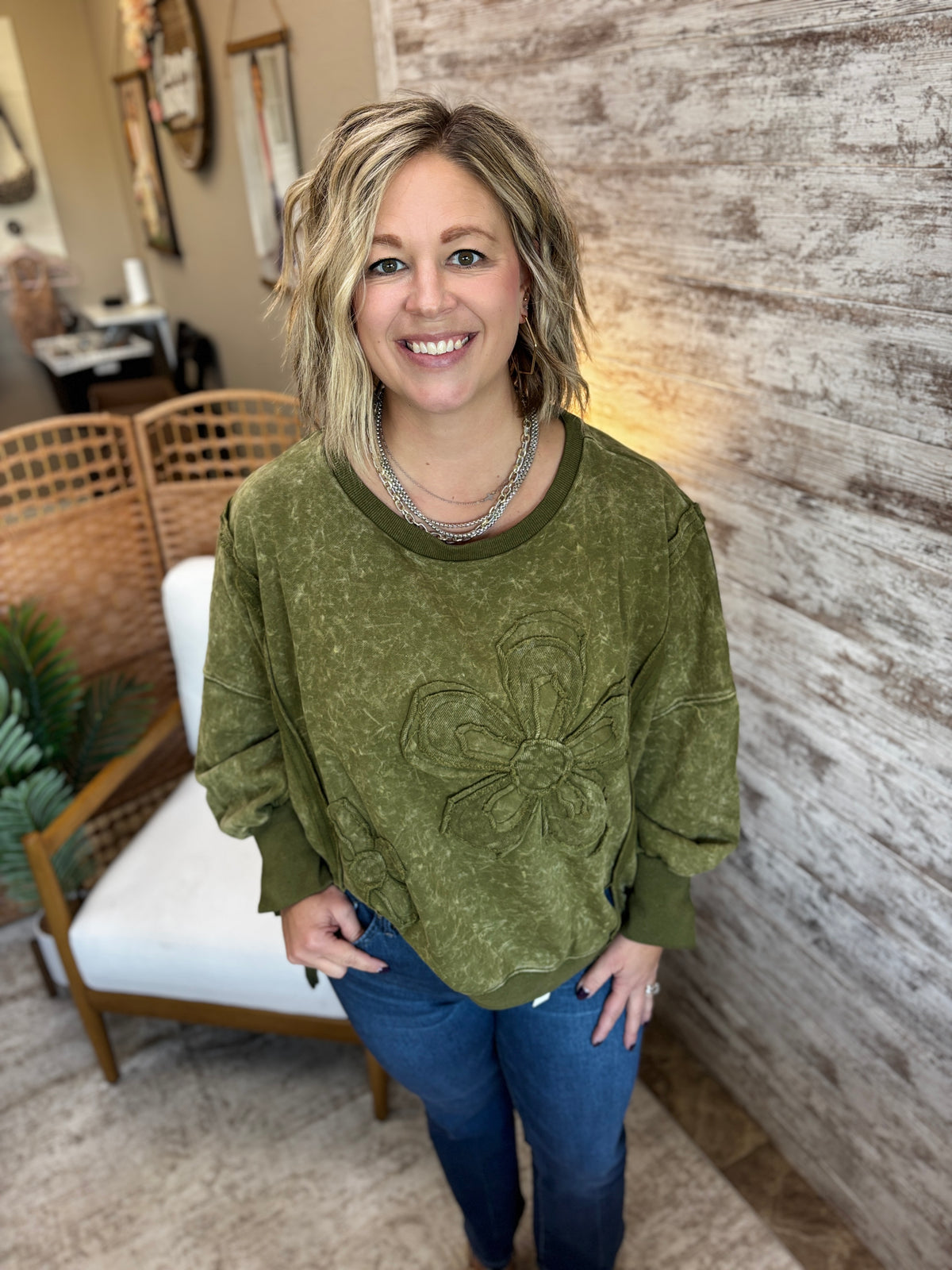 Olive Floral Applique Puff Sleeve Sweatshirt