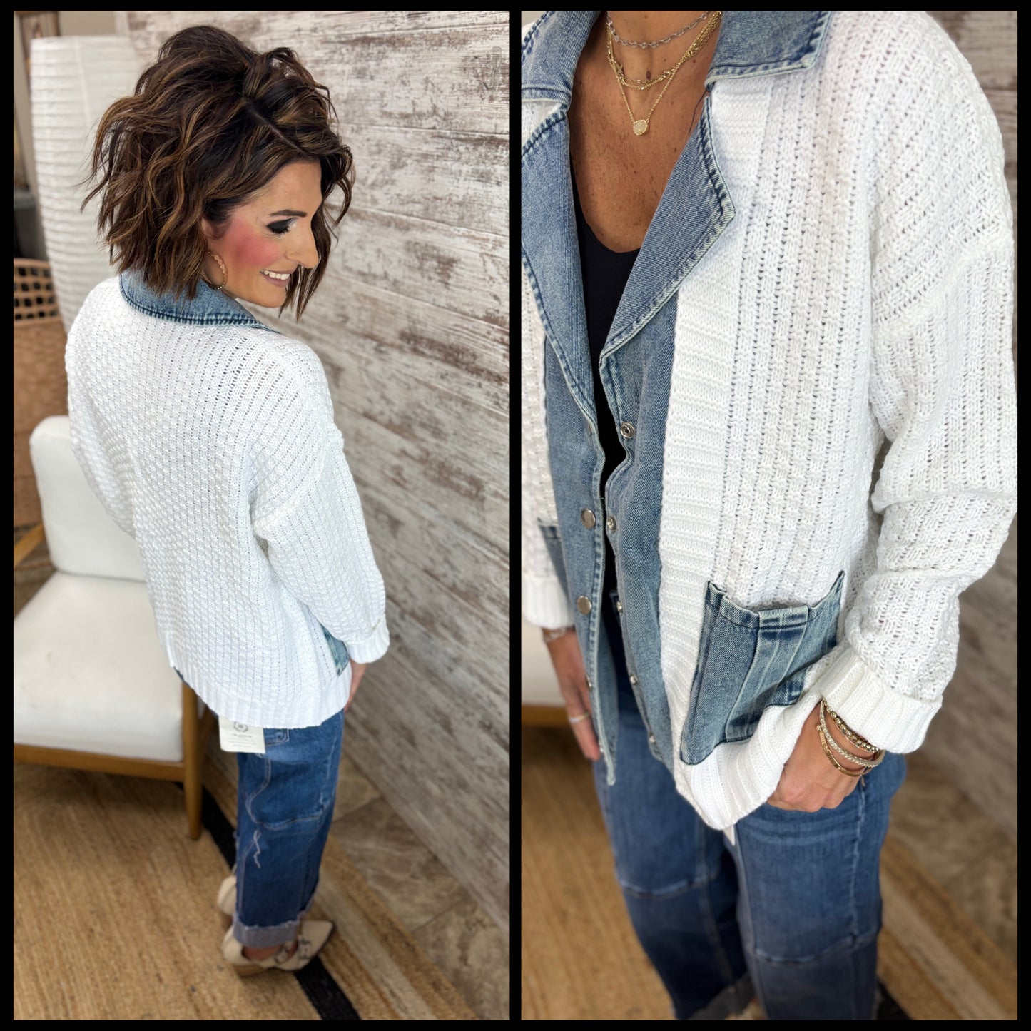Denim and White Contrast Sweater Cardigan