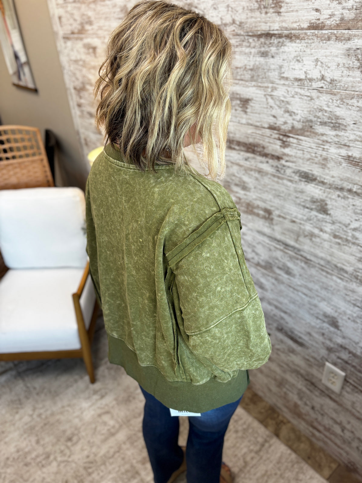 Olive Floral Applique Puff Sleeve Sweatshirt