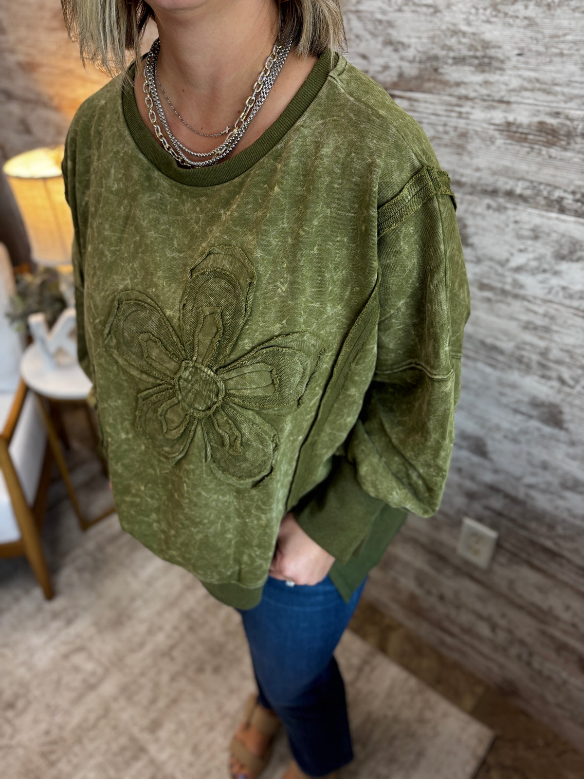 Olive Floral Applique Puff Sleeve Sweatshirt