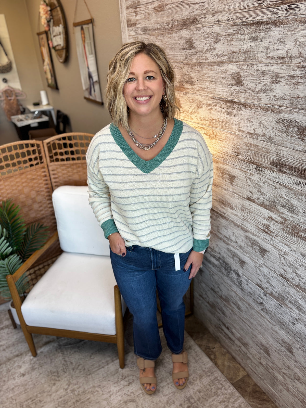 Jade Color Accent V Neck Sweater