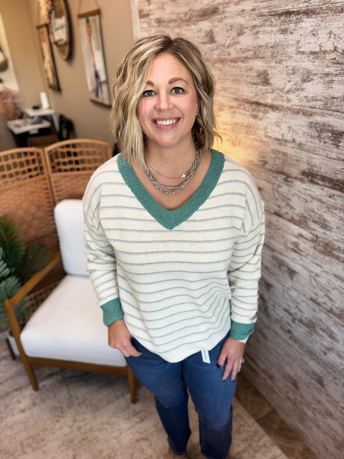 Jade Color Accent V Neck Sweater