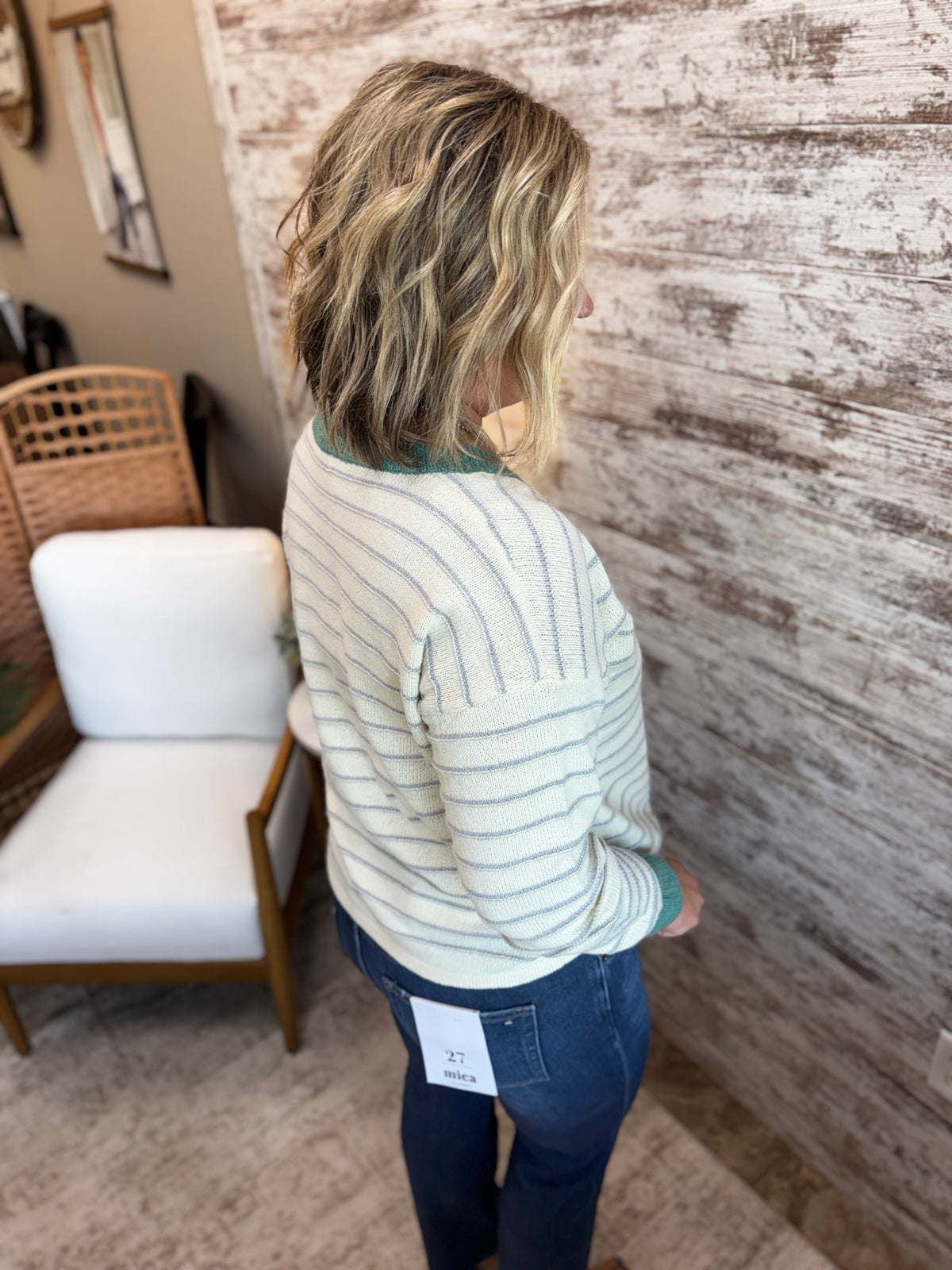 Jade Color Accent V Neck Sweater