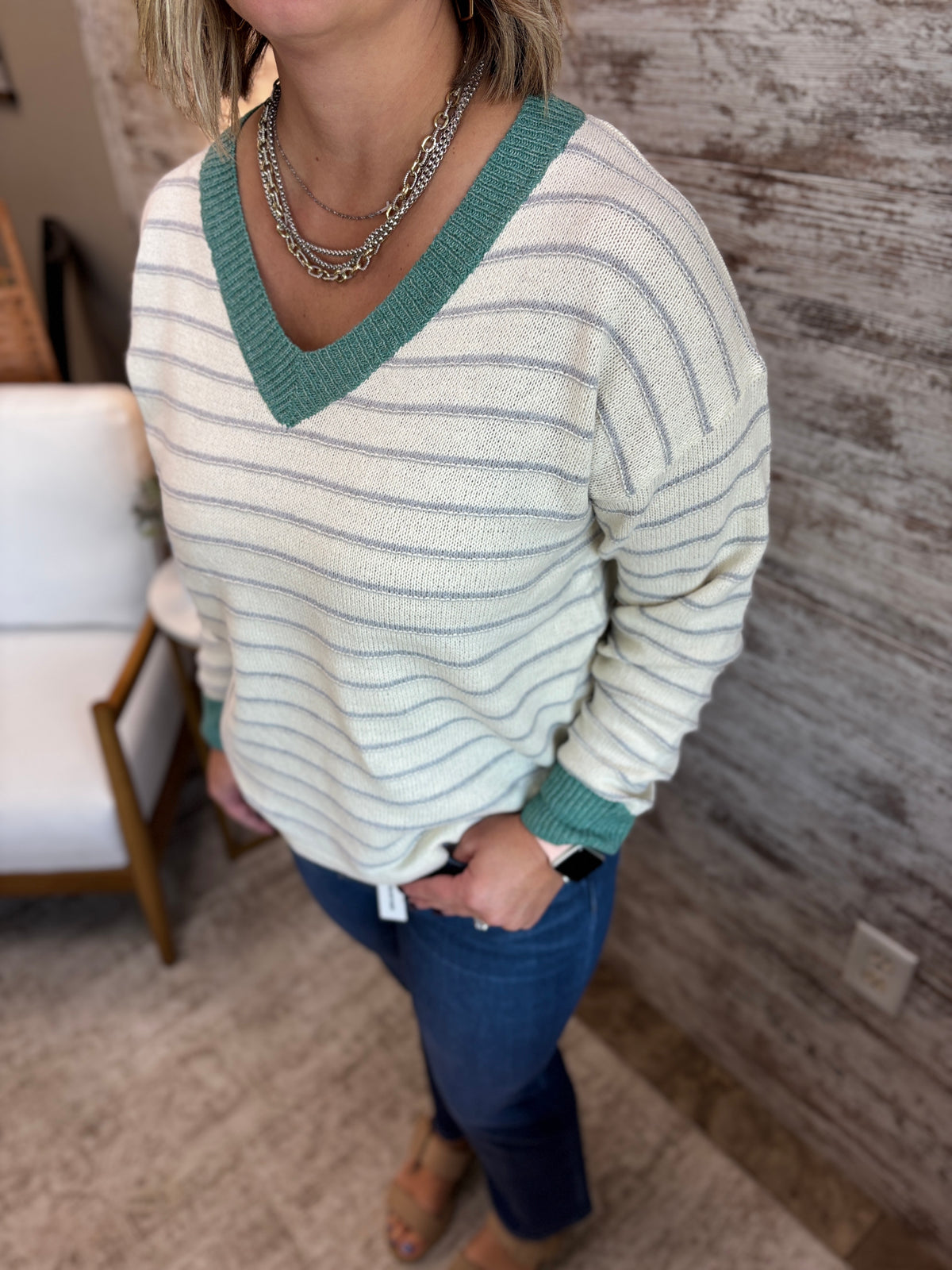 Jade Color Accent V Neck Sweater