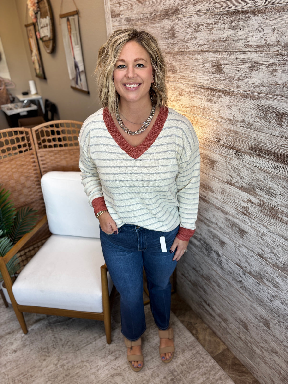 Rust Color Accent V Neck Sweater