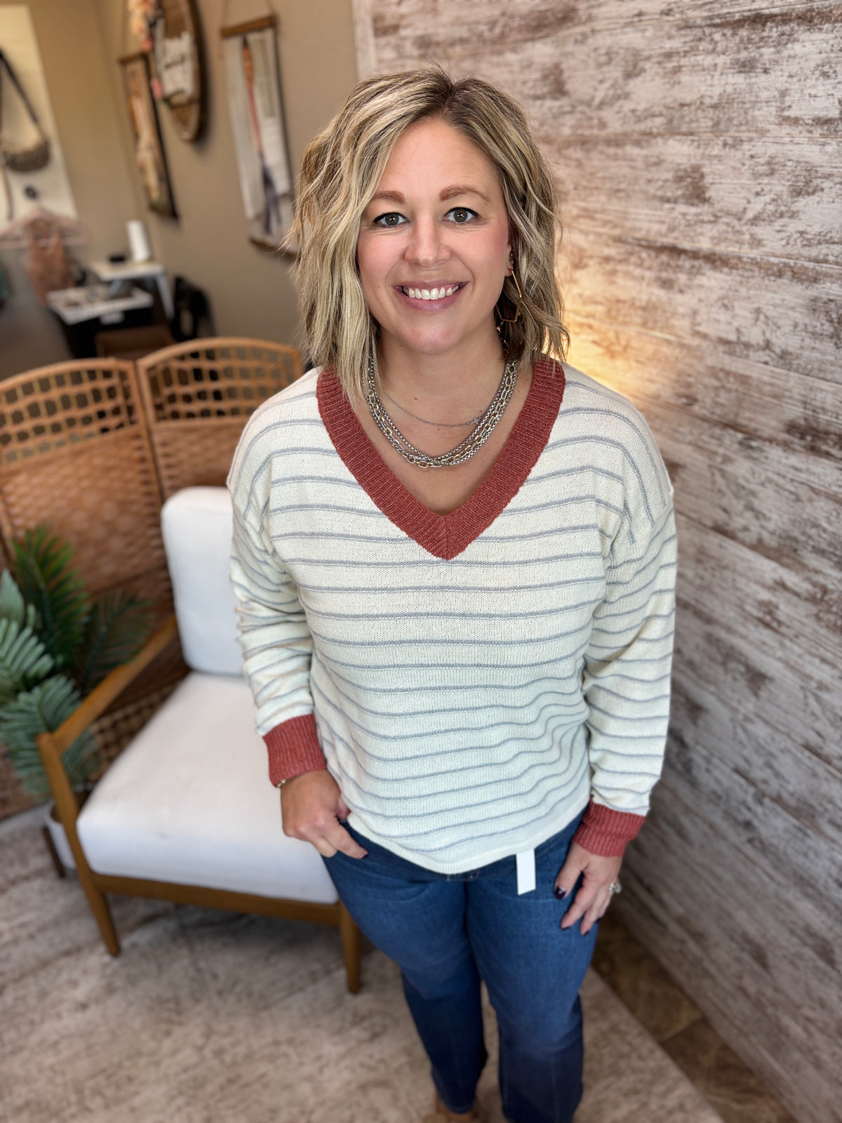 Rust Color Accent V Neck Sweater