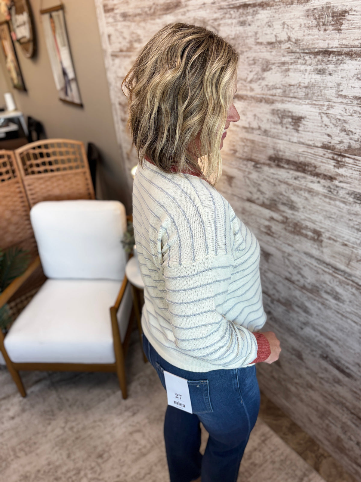 Rust Color Accent V Neck Sweater