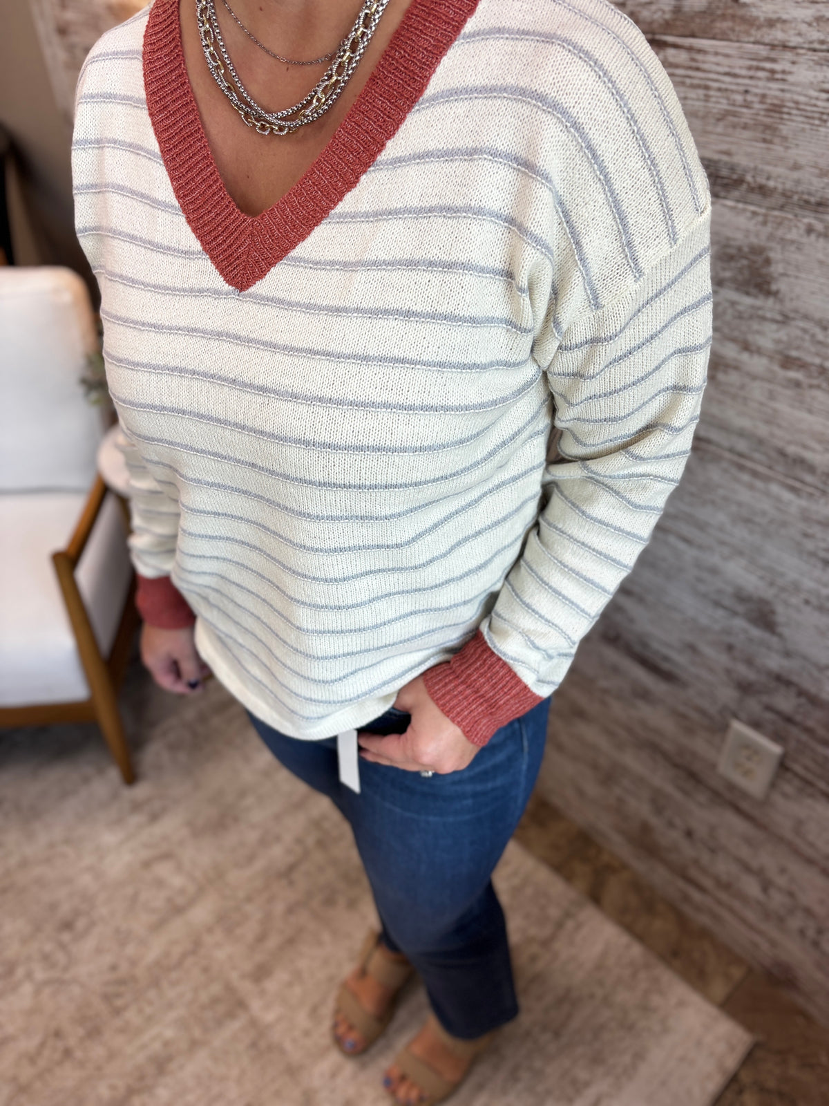 Rust Color Accent V Neck Sweater