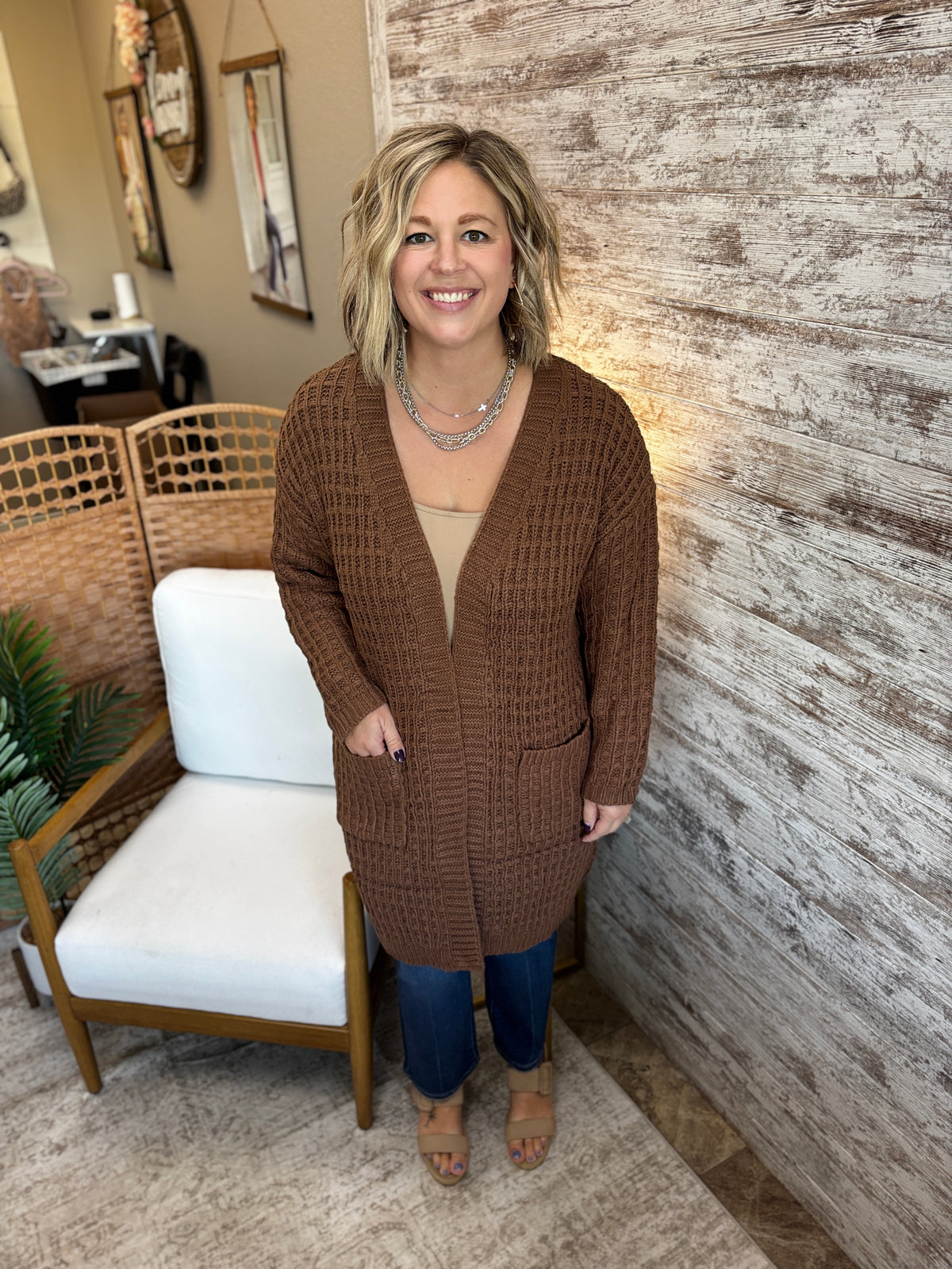 Brown Waffle Knit Open Front Long Cardigan