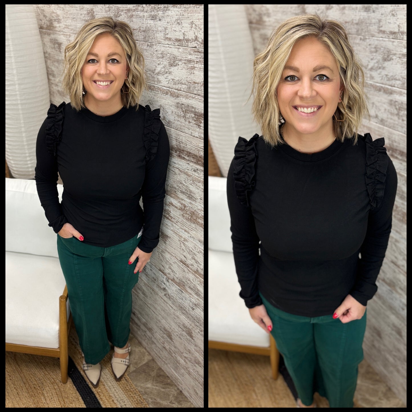 Black Ruffle Detail Long Sleeve