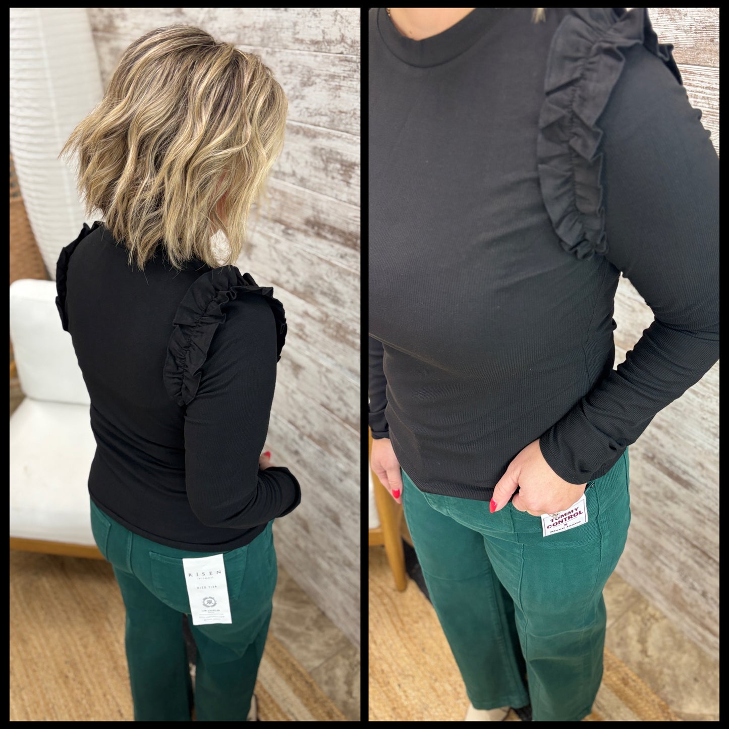 Black Ruffle Detail Long Sleeve