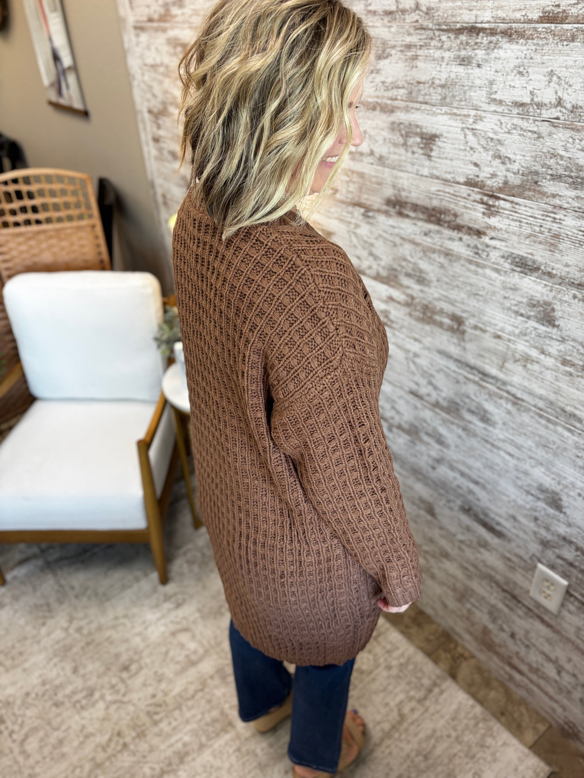 Brown Waffle Knit Open Front Long Cardigan
