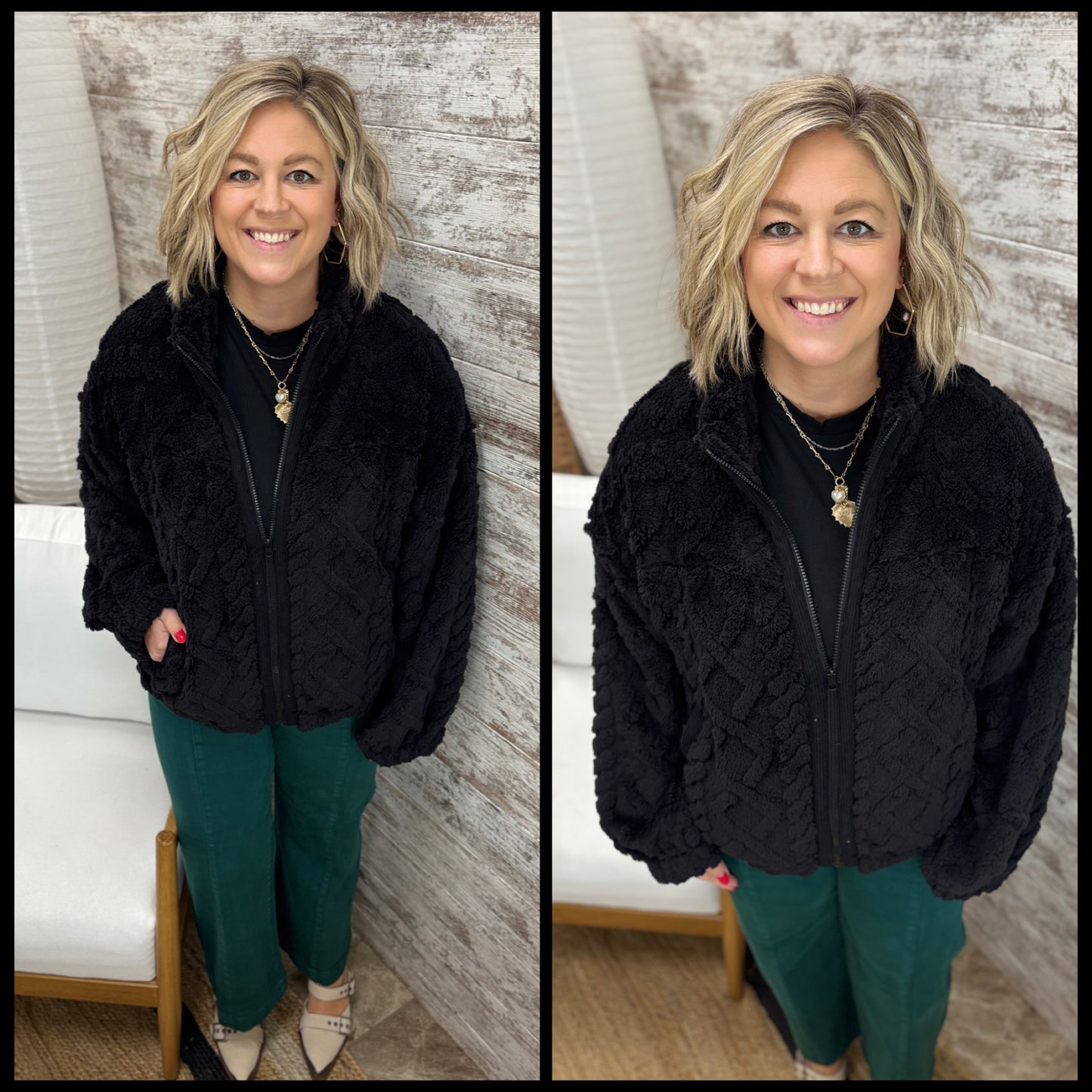 Black Fuzzy Cable Knit Zip Up Jacket
